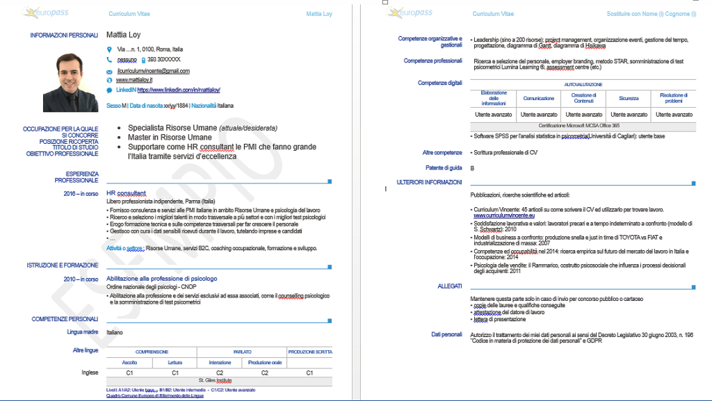 Esempio di CV Europass in formato Word compilato correttamente