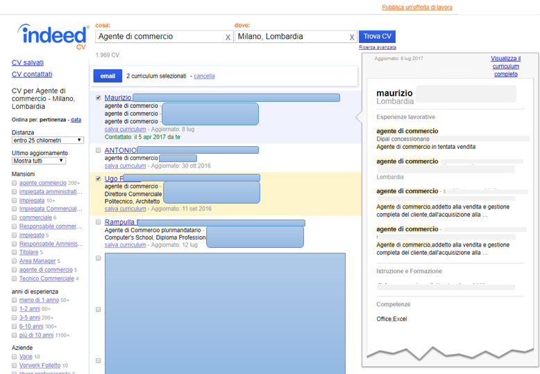 Database CV online di Indeed con anteprima dei profili