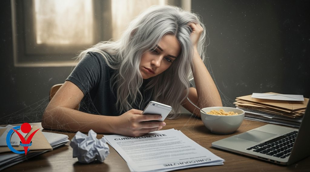 In un ambiente moderno, una ragazza si è letteralmente pietrificata nell'attesa, invecchiando davanti al suo notebook fino a coprirsi di polvere e ragnatele. L'immagine è una rappresentazione surreale e ironica della frustrazione di chi aspetta una chiamata per un colloquio che non arriverà mai, a causa degli errori nascosti nel proprio curriculum vitae.