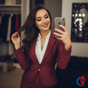 Giovane donna che si scatta un selfie allo specchio con giacca rossa e camicetta bianca leggermente scollata, trucco serale e acconciatura curata. Un esempio di foto inadatta per un curriculum vitae.