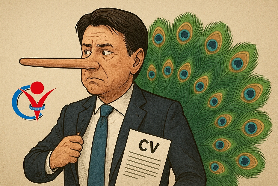 Una vignetta satirica di Giuseppe Conte quando nel 2018 era candidato premier ed aveva inserito esagerazioni ed informazioni mendaci nel suo CV, nel tentativo di sembrare più grosso.