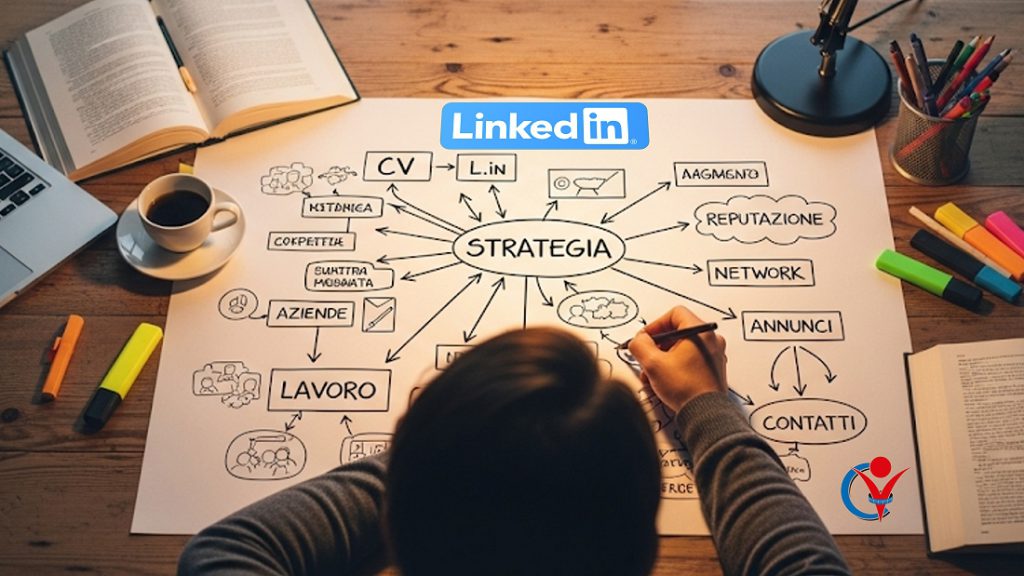 Strategia LinkedIn per trovare lavoro e fare personal branding: persona che progetta obiettivi di carriera, visualizzando reputazione, network, aziende, annunci e contatti