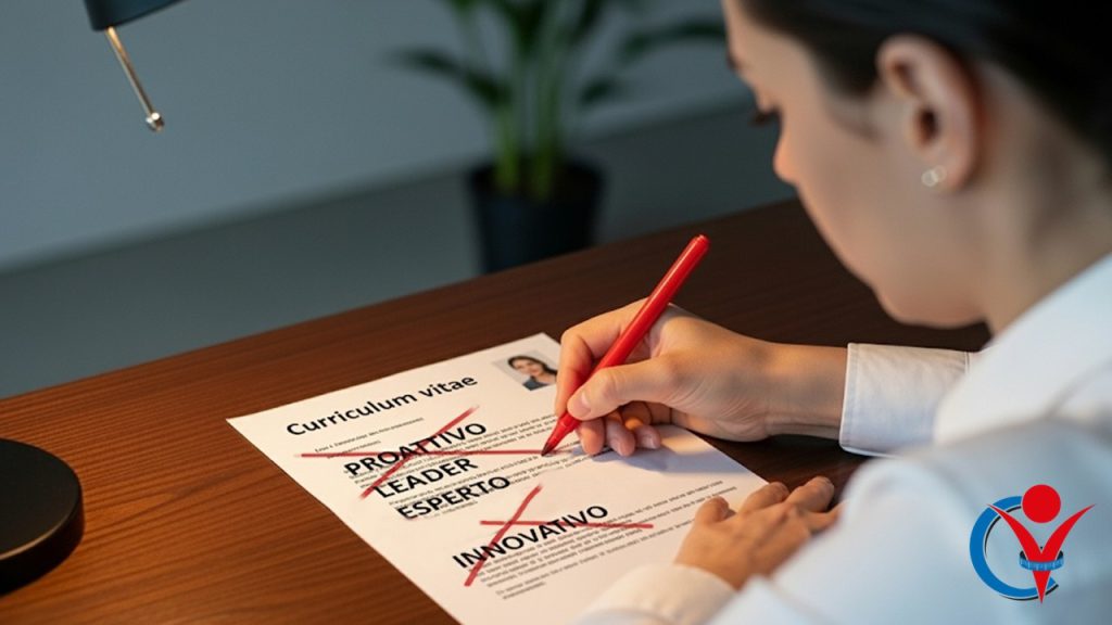 Un elenco di parole da evitare nel CV evidenziate in rosso su un curriculum.