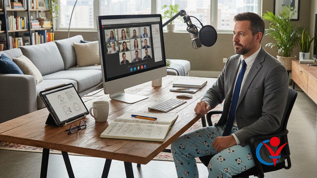 CV per freelance CV per liberi professionisti. Un consulente lavora da casa in smart working partecipando ad una videoconferenza