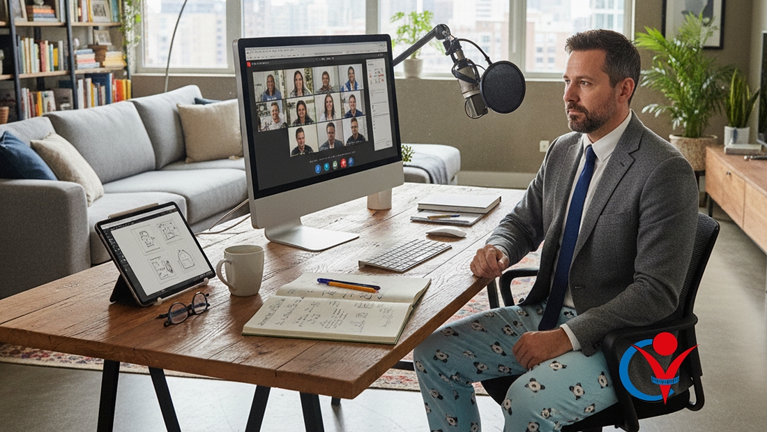 CV per freelance CV per liberi professionisti. Un consulente lavora da casa in smart working partecipando ad una videoconferenza