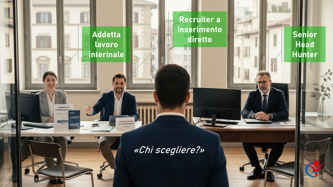 Come trovare agenzia recruiting giusta per te: un candidato davanti ad una recruiter specializzata in lavoro somministrato o interinale, un recruiter per l'inserimento diretto ed un head hunter specializzato in executive search