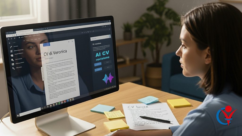 Una giovane donna intenta a scrivere il CV con l'AI per trovare lavoro. Il suo viso si riflette nel monitor mentre traspone in digitale i suoi contenuti e le idee prima pensate e scritte a mano, con l'aiuto di una intelligenza artificiale.