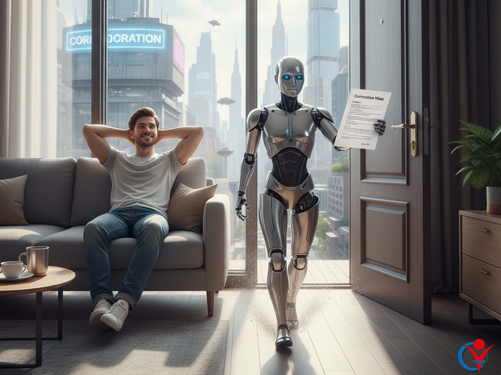 Bot candidature automatiche perché non usarli. Contesto rappresentato da un robot AI che porta il CV ad un'azienda al posto del candidato