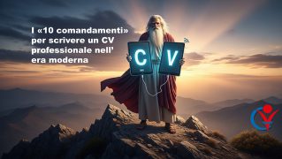 Un uomo ispirato a Mosè mostra i 10 comandamenti per un curriculum vitae professionale su due tablet digitali con le lettere C e V.