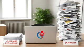 Scrivania di un recruiter con due pile di curriculum: una alta per i CV scartati e una più piccola per i candidati da chiamare a colloquio.