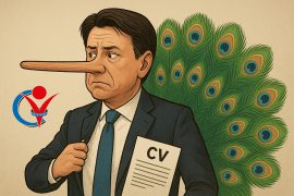Una vignetta satirica di Giuseppe Conte quando nel 2018 era candidato premier ed aveva inserito esagerazioni ed informazioni mendaci nel suo CV, nel tentativo di sembrare più grosso.