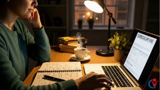 Una donna scrive il proprio curriculum vitae al computer, consultando un quaderno di appunti con idee e parole chiave per valorizzare la sua carriera.