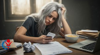 In un ambiente moderno, una ragazza si è letteralmente pietrificata nell'attesa, invecchiando davanti al suo notebook fino a coprirsi di polvere e ragnatele. L'immagine è una rappresentazione surreale e ironica della frustrazione di chi aspetta una chiamata per un colloquio che non arriverà mai, a causa degli errori nascosti nel proprio curriculum vitae.